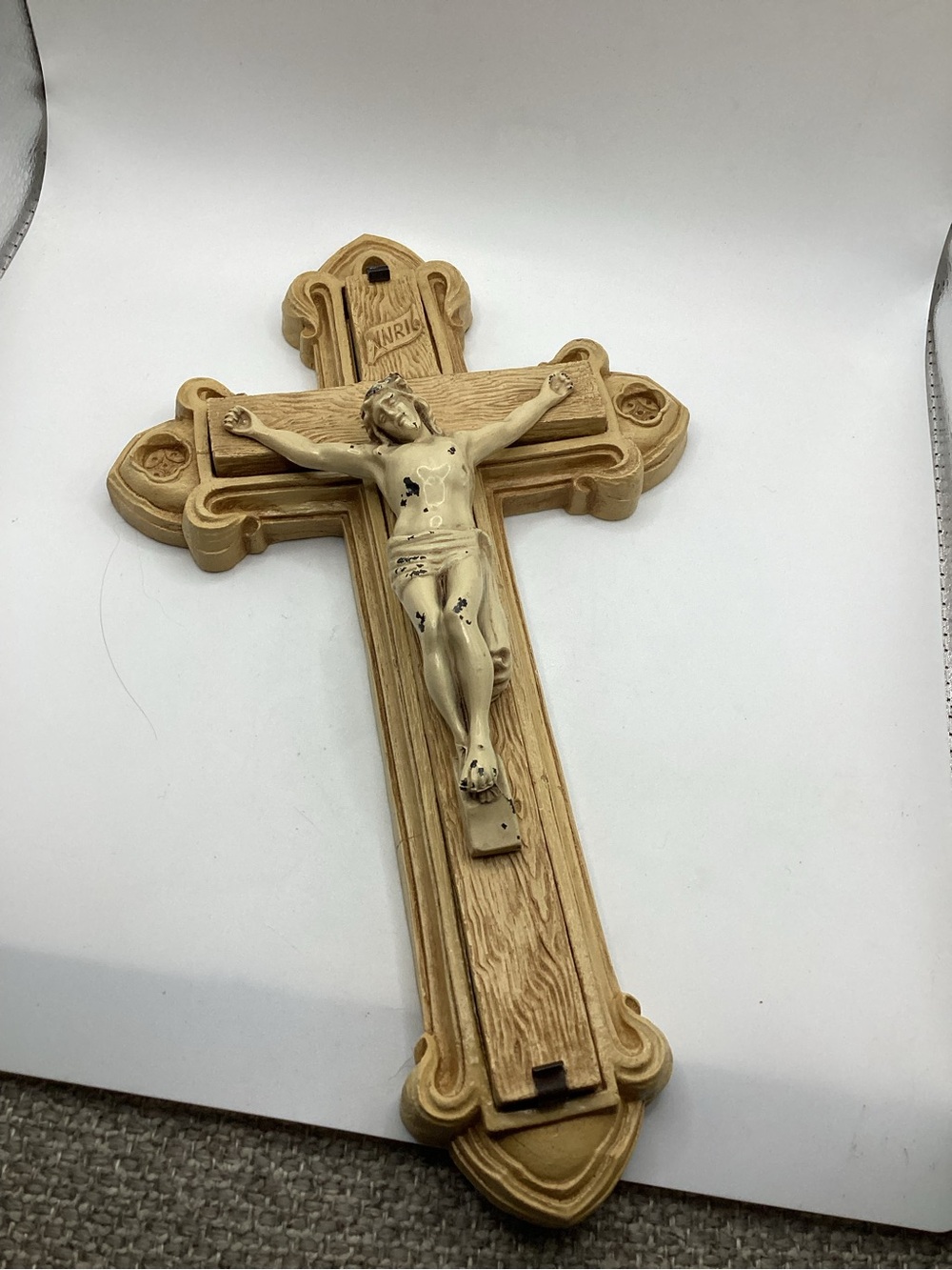 Vtg Catholic sick call crucifix for last rites. Opens to show holy water, candle